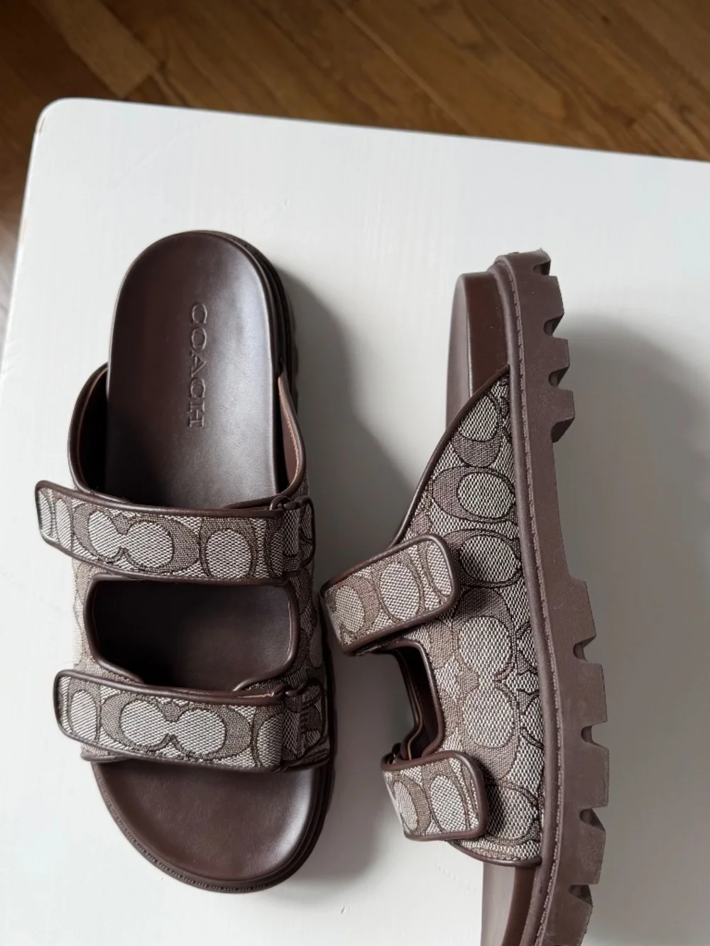 Coach Signature Jacquard Double Band Slide Sandals Brown Size 10